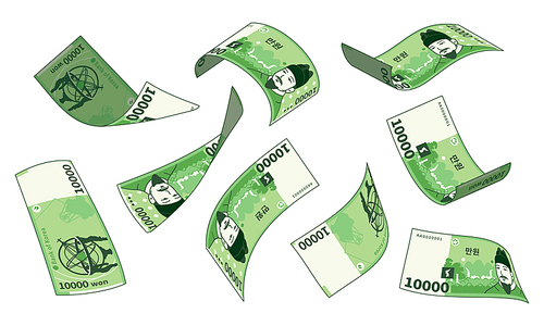 한국 돈 만원, 여러 종류의 돈이 날아가는 모양의 일러스트.