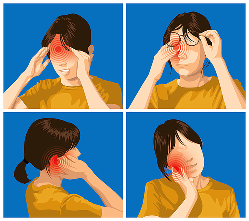 통증 세트. 머리, 눈, 귀 및 치아에 통증을 느끼는 여성.