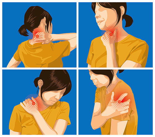 통증 세트. 뒷목, 편도선, 승모근 및 어깨에 통증을 느끼는 여성.