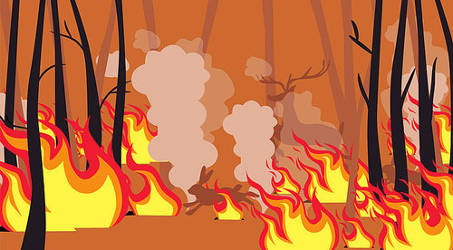 자연재해. 산에 불이나서 나무가 불타고 동물들이 도망가고 있다.