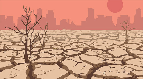 자연재해. 가뭄으로 땅이 갈라지고 햇빛이 뜨겁다.