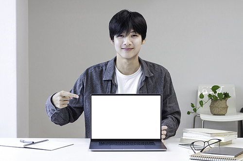 젊은 대학생 남자가 캐주얼한 옷을 입고 계획과 정보를 손으로 노트북 화면을 카리키며 미소로 소개