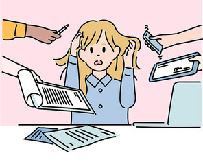 한 여성이 과도한 업무에 스트레스 받고 있다. 많은 손들이 그녀에게 업무 내밀고 있다.