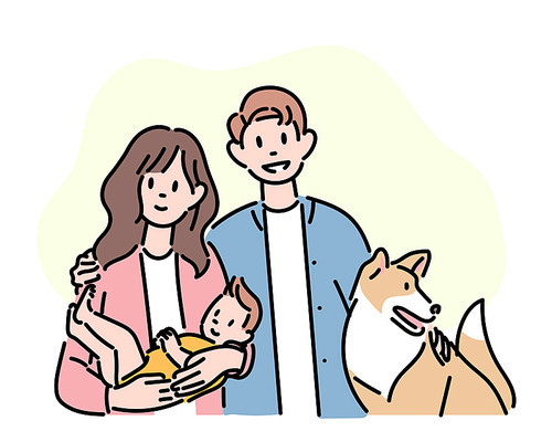 아기와 개가 함께하는 행복한 가족의 모습.