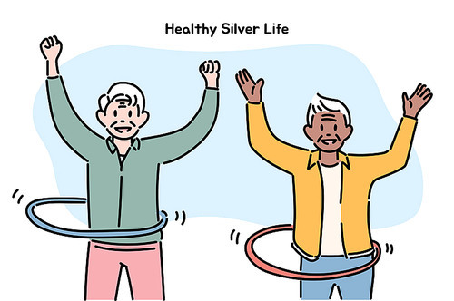 두 노인이 건강을 위해 운동을 하고 있다.