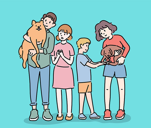 아이들이 애완동물을 안고 서있다.