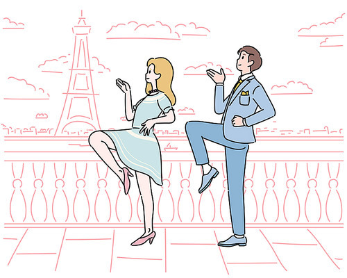 귀여운 커플이 파리 에펠탑 배경에서 웃긴 포즈를 하고 있다.