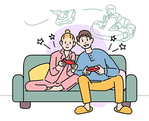 남녀 커플이 함께 소파에 앉아 게임을 즐기고 있다.