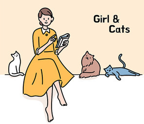 우아한 원피스를 입은 여성이 고양이들과 함께 앉아 책을 읽고 있다.