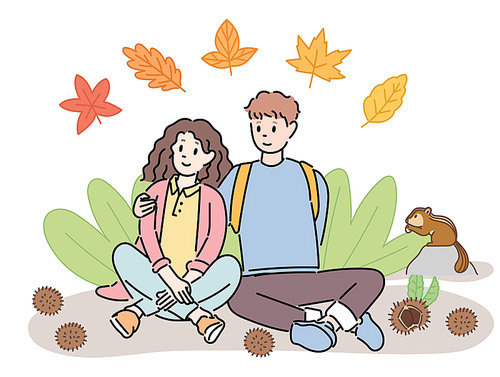 한 커플이 가을산을 산행하다 잠시 쉬고 있다.