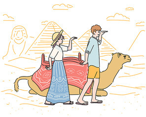 두 남녀가 이집트를 여행하고 있다. 웃긴포즈로 낙타흉내를 내고 있다.