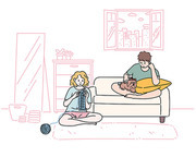 남녀가 거실에 편안하게 앉아있다. 남자는 개를 보고 있고 여자는 뜨게질을 하고 있다.