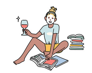 한 여성이 얼굴에 마스크팩을 하고 한손에 와인잔을 들고 책을 읽고 있다.