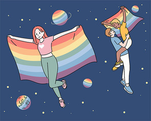 무지개 깃발을 들고 우주를 유영하는 LGBT 사람들.
