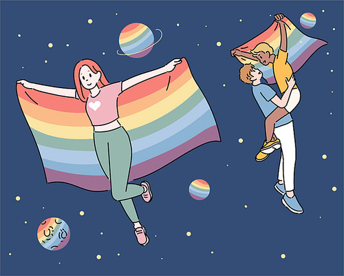 무지개 깃발을 들고 우주를 유영하는 LGBT 사람들.