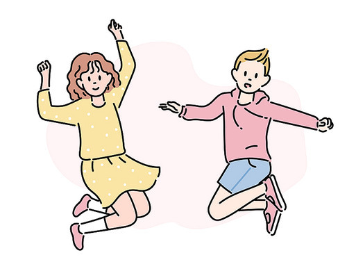 여자아이와 남자아이가 점프를 하고 있다.