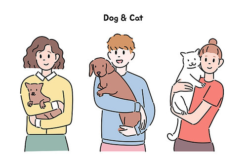 사람들이 개와 고양이를 품에 안고 있다.