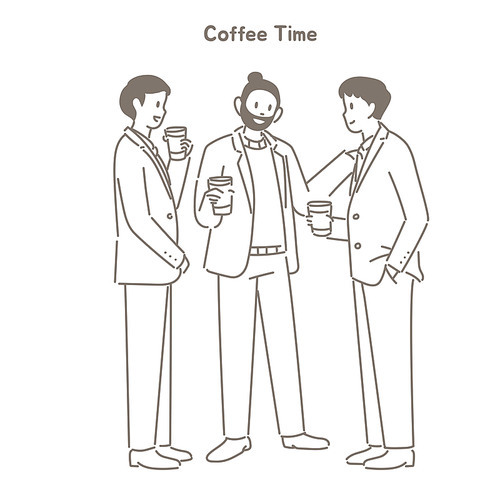 남자 직장인 동료들이 서서 커피를 마시고 있다.