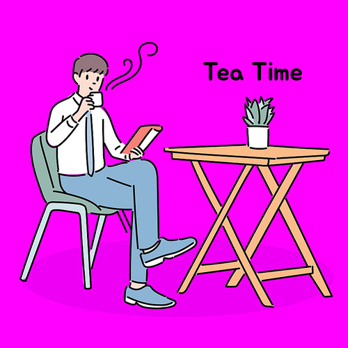 한 비즈니스맨이 카페에 앉아 커피를 마시고 있다.