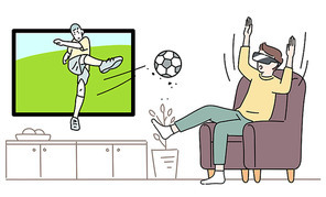 한 남자가 집에서 VR안경을 쓰고 축구경기를 관람하고 있다.