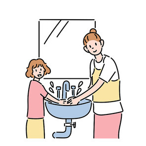 엄마와 아이가 함께 세면대에서 손을 씻고 있다.
