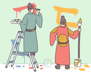 세종대왕과 신하가 벽에 한글 낙서를 하고 있다.