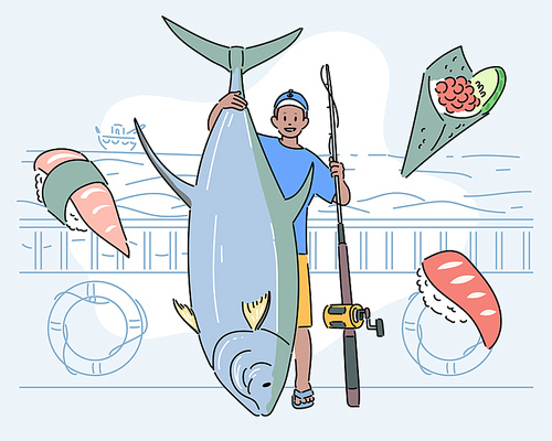 한 남성이 낚시로 거대한 생선을 잡아 들고 있다.