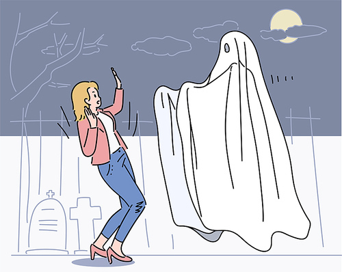 한 여성이 밤에 묘지를 지나가다 흰 식탁보를 쓴 유령을 보고 깜짝 놀라고 있다.