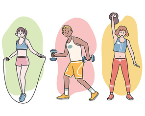 사람들이 운동기구를 들고 운동을 하고 있다.