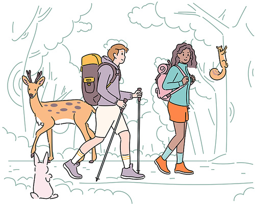 배낭을 멘 남자와 여자가 숲속을 여행하고 있고 동물들이 구경을 하고 있다.