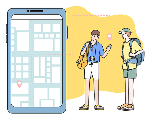 여행 차림의 두 친구가 휴대폰으로 지도를 검색하고 있다.