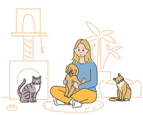 한 여성과 귀여운 개와 고양이 애완동물들.