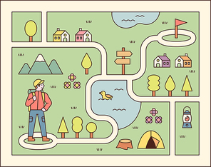 길찾기 지도 컨셉 포스터. 여행자가 목표지점을 찾아 출발점에 서있다.