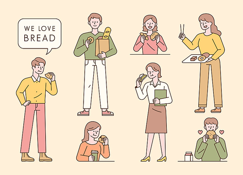 다양한 종류의 빵을 먹고 있는 사람들 캐릭터 모음.