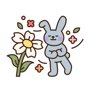 귀여운 토끼가 꽃냄새를 맡고 있다.