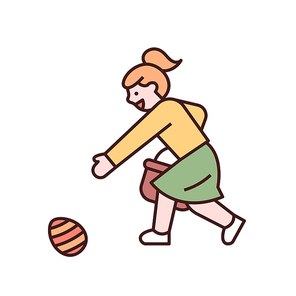 한 소녀가 계란을 주워 바구니에 담고 있다.