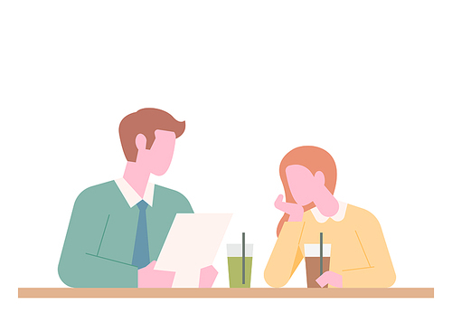 두 사람이 음료를 마시며 대화를 하고 있다.
