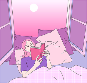 창문을 열고 침대에 누워 낭만적인 분위기에서 책을 읽고 있는 소녀