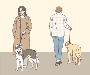 개를 산책시키는 사람들의 앞모습과 뒷모습
