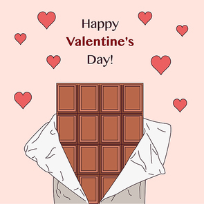 포장지 반쯤 깐 초콜렛. 발렌타인데이 카드