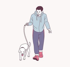 개와 함께 산책을 하고 있는 남자