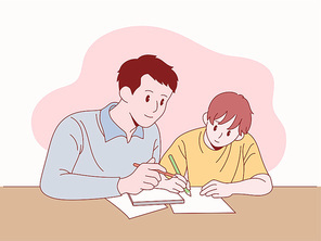 아빠가 어린 아들에게 공부를 가르쳐주고 있다. 귀여운 손그림 스타일 일러스트레이션.