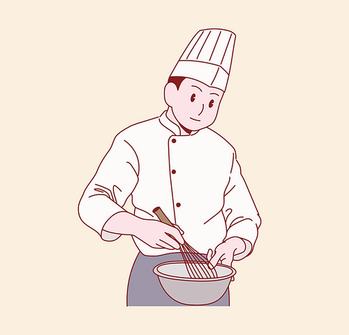 유니폼을 입은 남자 셰프가 요리를 하고 있다. 귀여운 손그림 스타일 일러스트레이션.