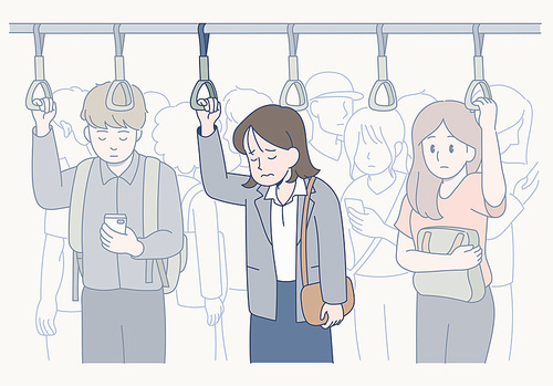 한 여성이 지하철에서 지친표정으로 퇴근하고 있다. 귀여운 손그림 스타일 일러스트레이션.
