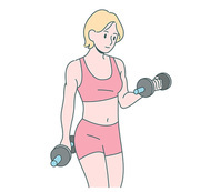 한 여성이 덤벨을 들고 운동하고 있다. 귀여운 손그림 스타일 일러스트레이션.