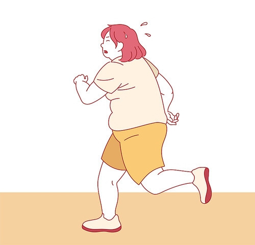 뚱뚱한 여성이 힘들어 하며 달리고 있다. 귀여운 손그림 스타일 일러스트레이션.