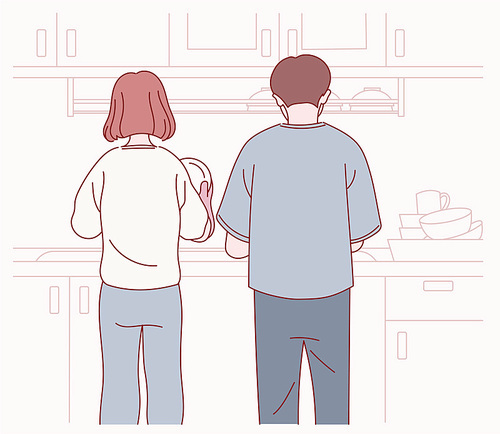 함께 설거지 하는 두 사람의 뒷모습. 귀여운 손그림 스타일 일러스트레이션.