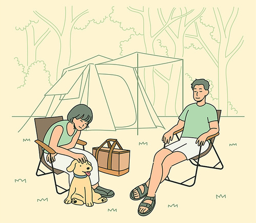 강아지와 함께 캠핑하는 커플. 귀여운 손그림 스타일 일러스트레이션.