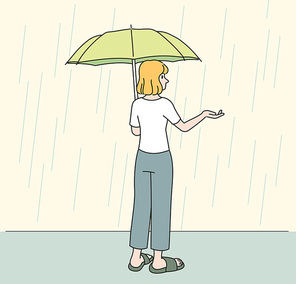 비오는날 우산을 쓰고 손을 내밀고 있는 여성의 뒷모습. 귀여운 손그림 스타일 일러스트레이션.
