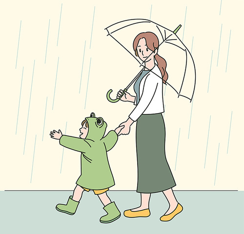개구리 비옷을 입은 아이와 우산을쓴 엄마. 귀여운 손그림 스타일 일러스트레이션.